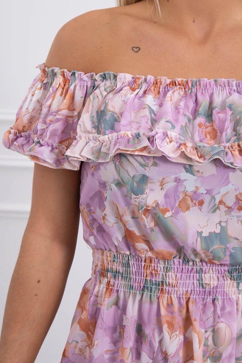 Off - the - shoulder floral dress 9252 / – Purple цвет / color | Lexline Fashion