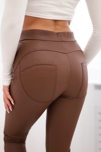 Push up pants made of eco leather TR1878 / – Brown цвет / color | Lexline Fashion