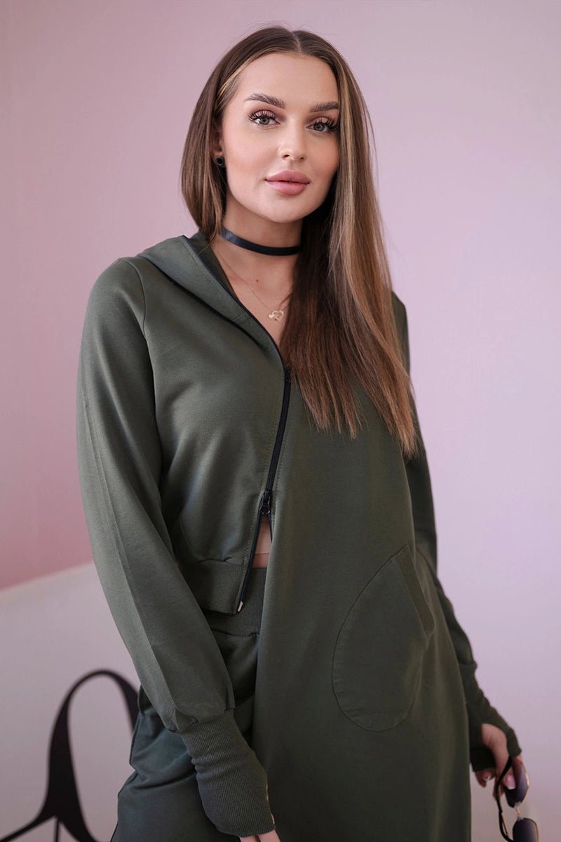 Set with a sweatshirt with a longer side 9365 / – Khaki цвет / color | Lexline Fashion