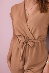 Short jumpsuit tied at the waist 6494T / – Camel цвет / color | Lexline Fashion
