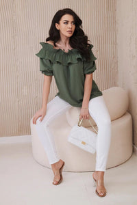Spanish blouse with a decorative frill IT - 28 / – Khaki цвет / color | Lexline Fashion