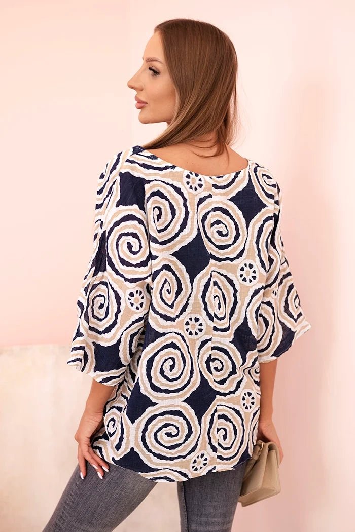 Women's cotton blouse with ethnic patterns and rolled - up sleeves 22003 - 2 / – Turquoise цвет / color | Lexline Fashion
