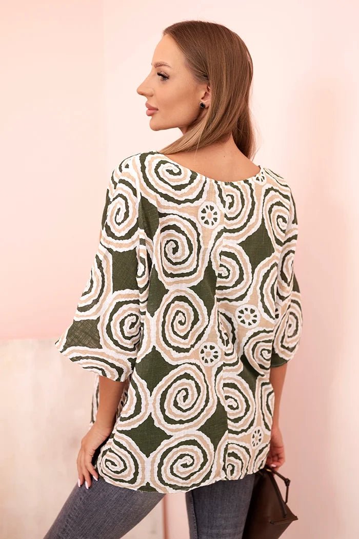 Women's cotton blouse with ethnic patterns and rolled - up sleeves 22003 - 2 / – Turquoise цвет / color | Lexline Fashion