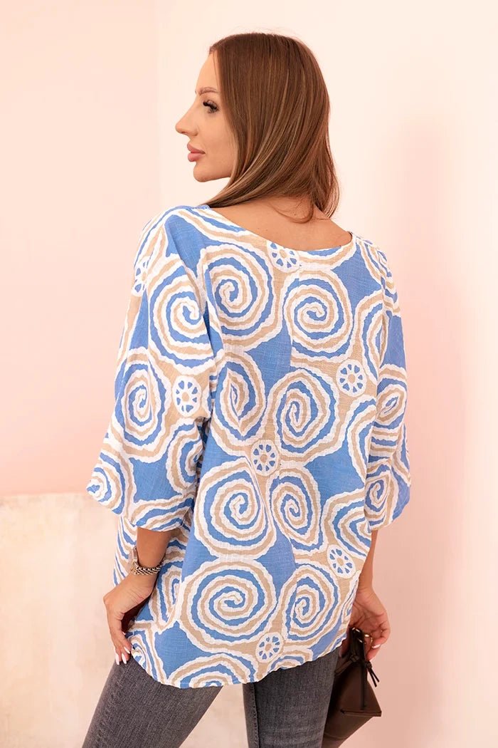 Women's cotton blouse with ethnic patterns and rolled - up sleeves 22003 - 2 / – Turquoise цвет / color | Lexline Fashion