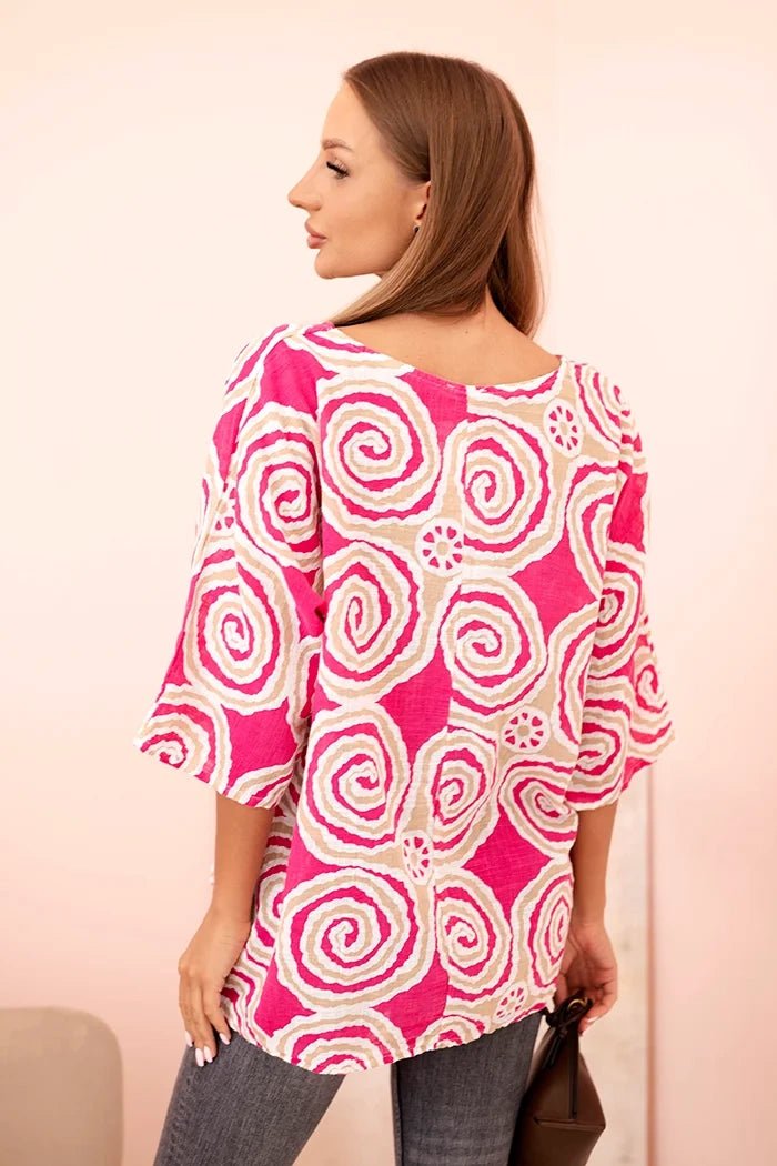 Women's cotton blouse with ethnic patterns and rolled - up sleeves 22003 - 2 / – Turquoise цвет / color | Lexline Fashion
