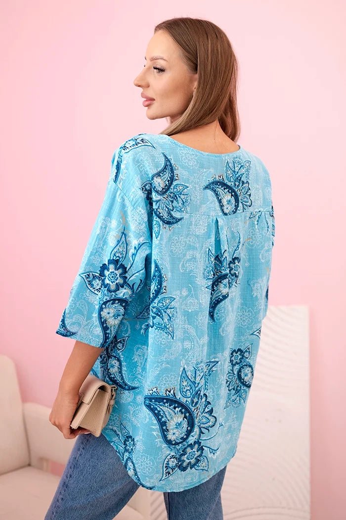 Women's cotton blouse with rolled - up sleeves and paisley pattern 25290 / – Turquoise цвет / color | Lexline Fashion