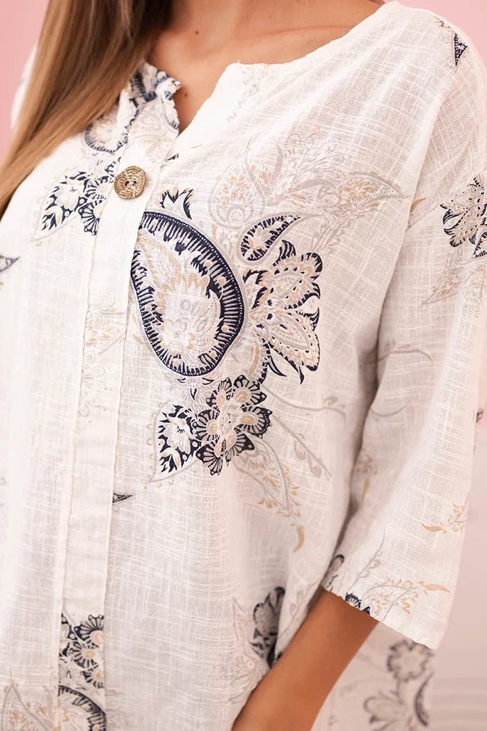 Women's cotton blouse with rolled - up sleeves and paisley pattern 25290 / – Turquoise цвет / color | Lexline Fashion
