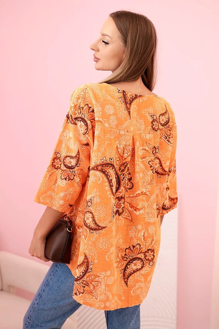 Women's cotton blouse with rolled - up sleeves and paisley pattern 25290 / – Turquoise цвет / color | Lexline Fashion