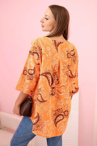 Women's cotton blouse with rolled - up sleeves and paisley pattern 25290 / – Turquoise цвет / color | Lexline Fashion