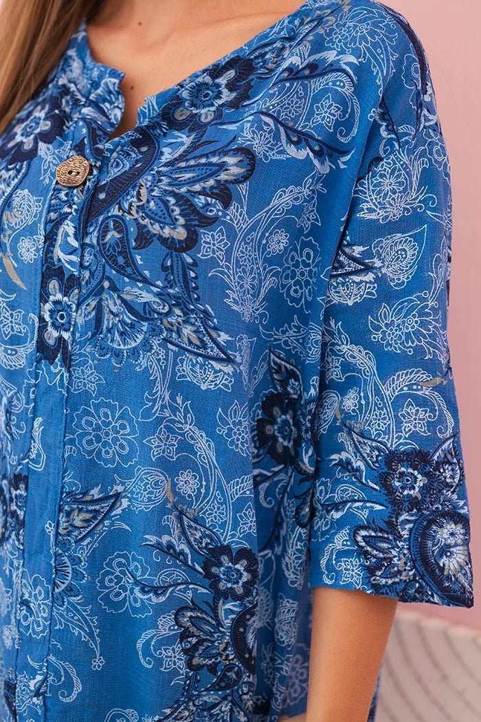Women's cotton blouse with rolled - up sleeves and paisley pattern 25290 / – Turquoise цвет / color | Lexline Fashion