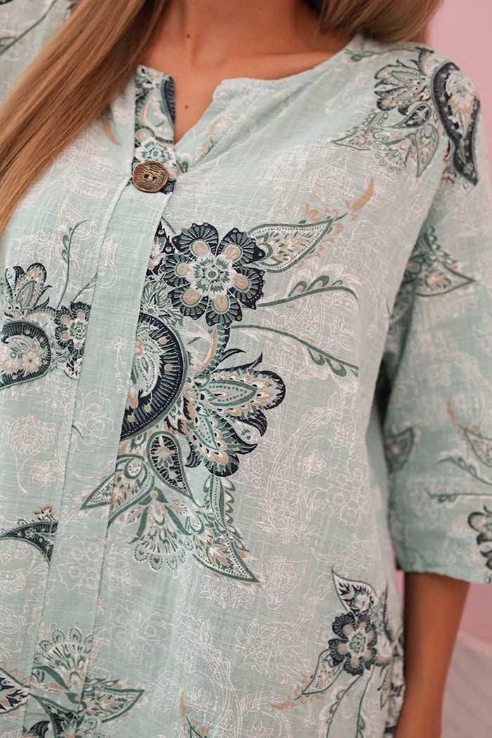 Women's cotton blouse with rolled - up sleeves and paisley pattern 25290 / – Turquoise цвет / color | Lexline Fashion