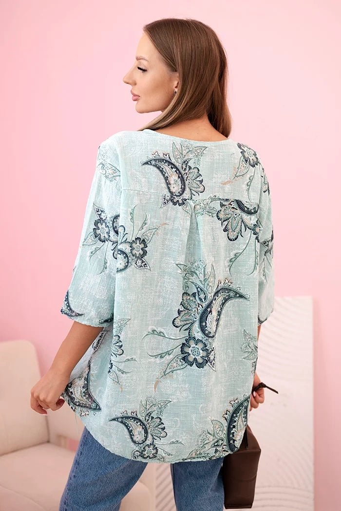 Women's cotton blouse with rolled - up sleeves and paisley pattern 25290 / – Turquoise цвет / color | Lexline Fashion