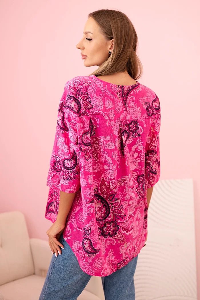 Women's cotton blouse with rolled - up sleeves and paisley pattern 25290 / – Turquoise цвет / color | Lexline Fashion