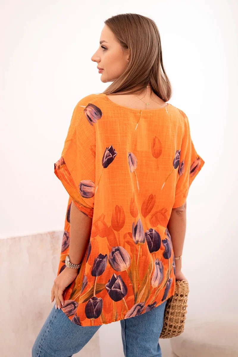 Women's cotton shirt with a floral pattern ART10739 / – Orange цвет / color | Lexline Fashion