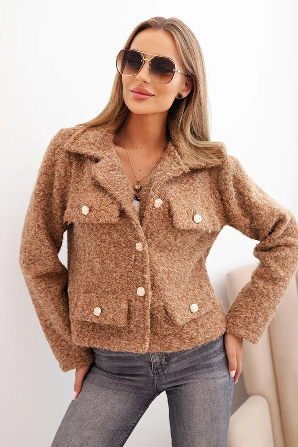 Women's jacket with wool in a fluffy texture and decorative buttons ART0029 / – Camel цвет / color | Lexline Fashion