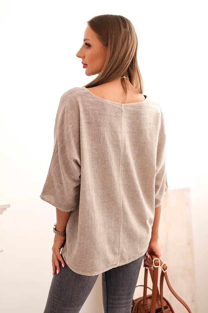 Women's linen - cotton short - sleeve blouse ART8003 / – Dark Beige цвет / color | Lexline Fashion