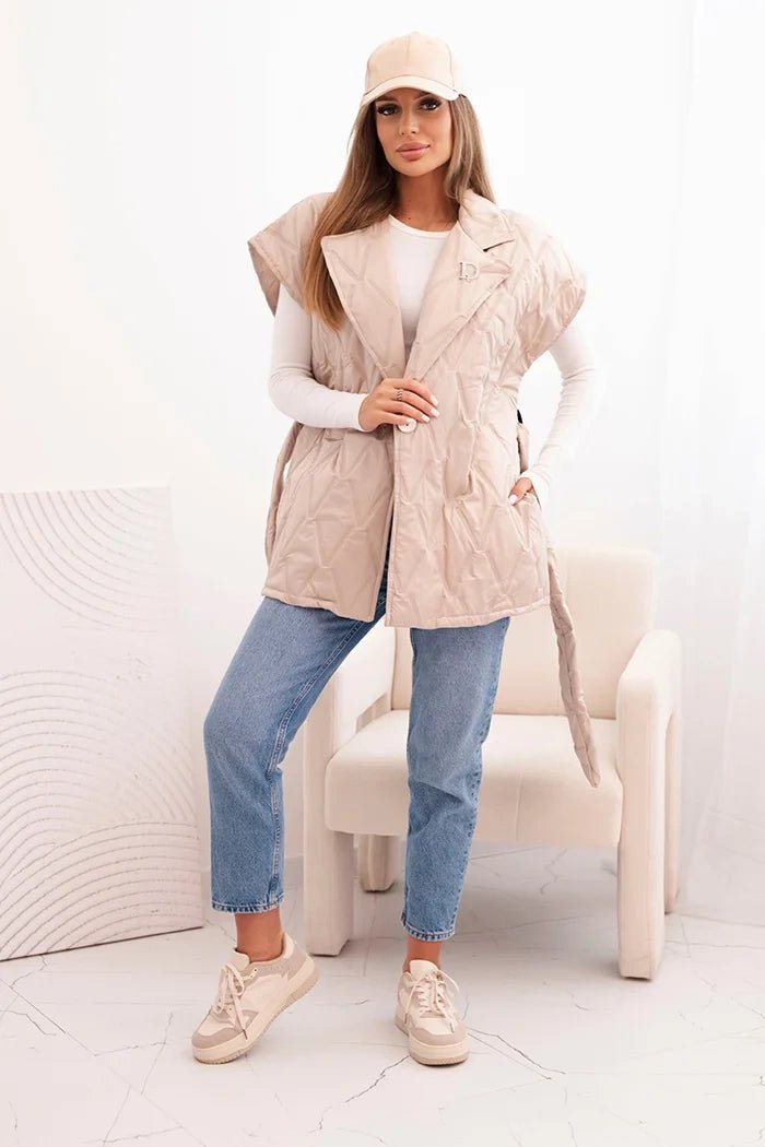 Women's quilted vest with a belt and wide collar 5696 / – Black цвет / color | Lexline Fashion