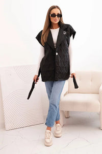 Women's quilted vest with a belt and wide collar 5696 / – Black цвет / color | Lexline Fashion