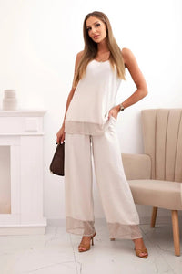Women's set made of viscose, top with wide straps and wide - leg pants 557 / – Beige цвет / color | Lexline Fashion