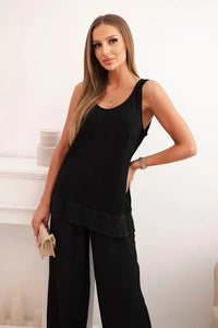 Women's set made of viscose, top with wide straps and wide - leg pants 557 / – Black цвет / color | Lexline Fashion