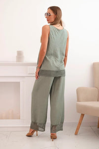Women's set made of viscose, top with wide straps and wide - leg pants 557 / – Khaki цвет / color | Lexline Fashion