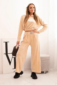 Women's velour tracksuit with wide legs and a hoodie ART0169 / – Beige цвет / color | Lexline Fashion