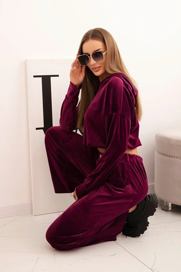Women's velour tracksuit with wide legs and a hoodie ART0169 / – Plum цвет / color | Lexline Fashion