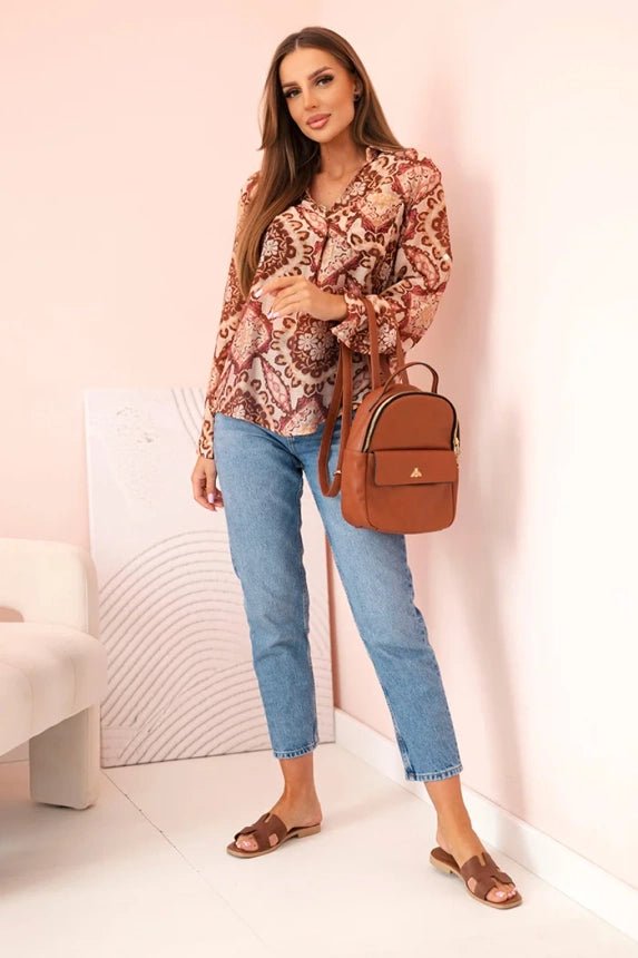 Women's viscose long - sleeve shirt with oriental pattern ME3210 / – Beige цвет / color | Lexline Fashion