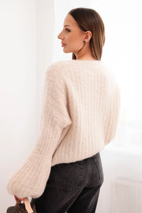 Women' Mohair Sweater with Puff Sleeves Brown ART1898 - beige-1 - Image 4