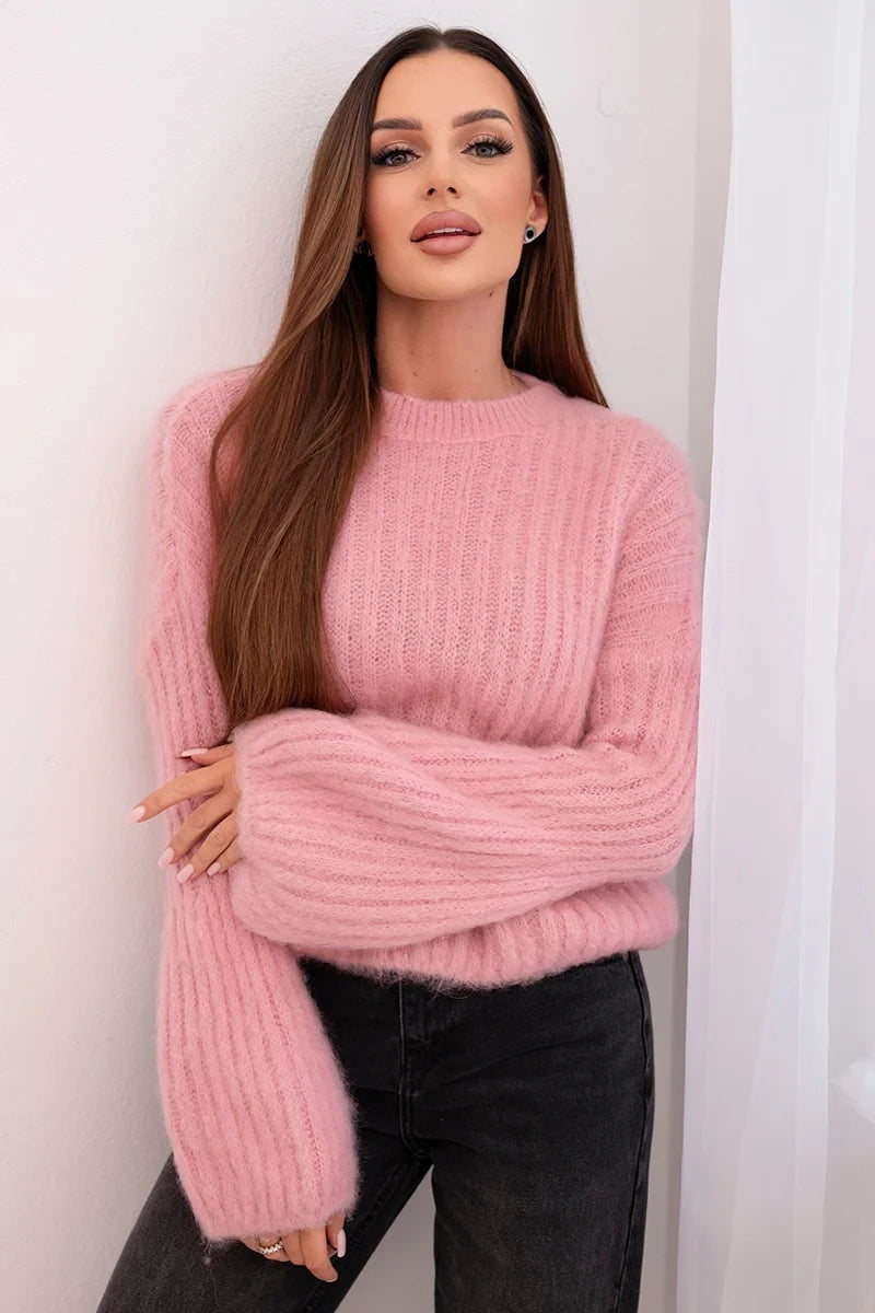 Women' Mohair Sweater with Puff Sleeves Brown ART1898 - powder-pink - Image 41