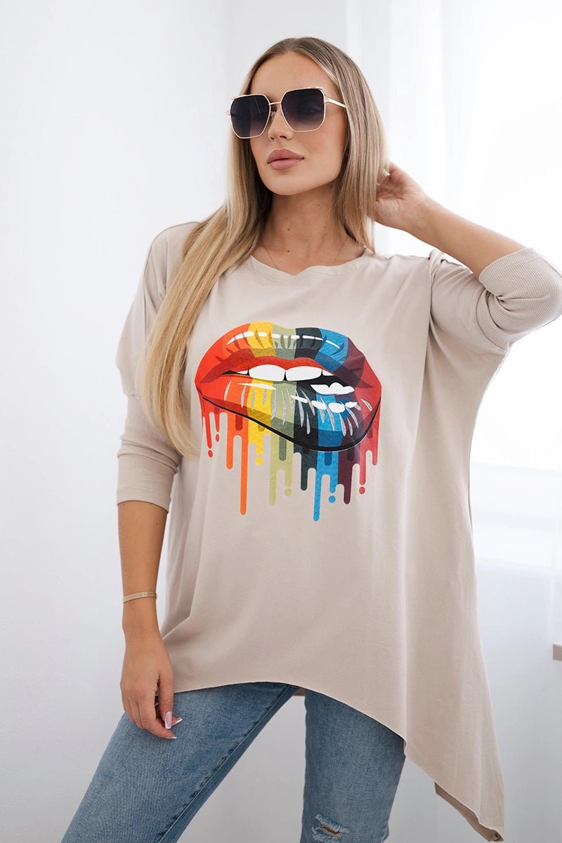 Blouse oversize with print 9006 / – Beige цвет / color | Lexline Fashion