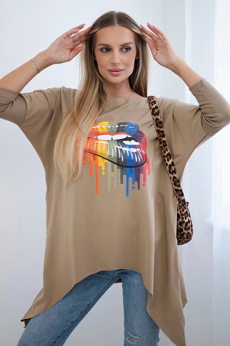 Blouse oversize with print 9006 / – Camel цвет / color | Lexline Fashion