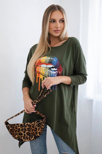 Blouse oversize with print 9006 / – Khaki цвет / color | Lexline Fashion