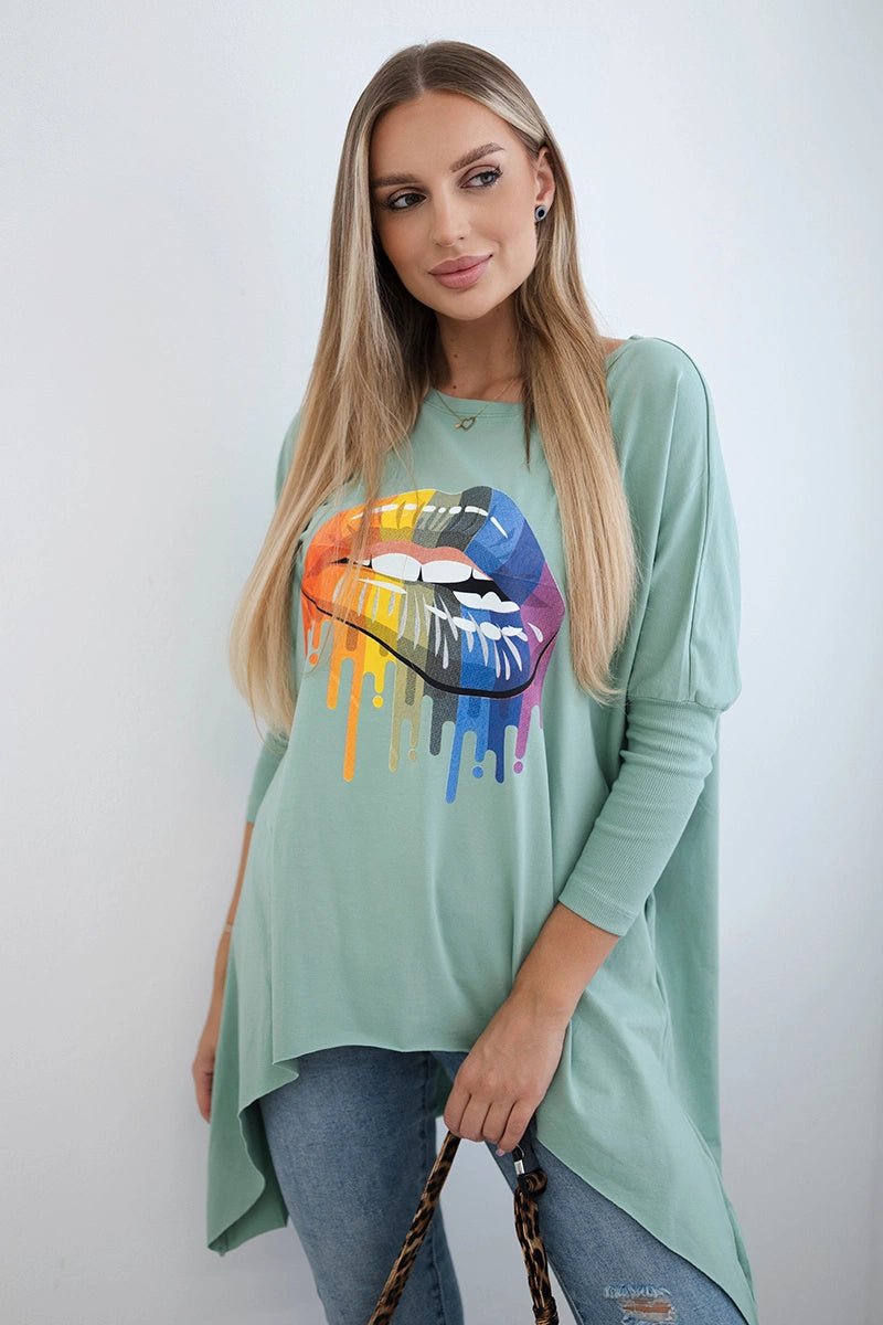 Blouse oversize with print 9006 / – Mint || Dark цвет / color | Lexline Fashion