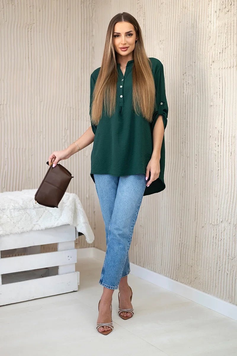 Blouse with a longer back 11817 / – Khaki цвет / color | Lexline Fashion