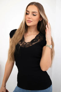 Blouse with lace neckline 8987 / – Black цвет / color | Lexline Fashion