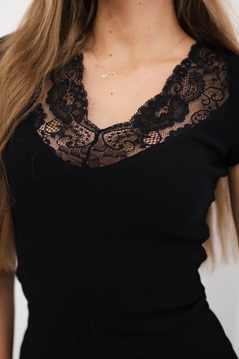 Blouse with lace neckline 8987 / – Black цвет / color | Lexline Fashion