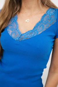 Blouse with lace neckline 8987 / – Blue cornflower цвет / color | Lexline Fashion