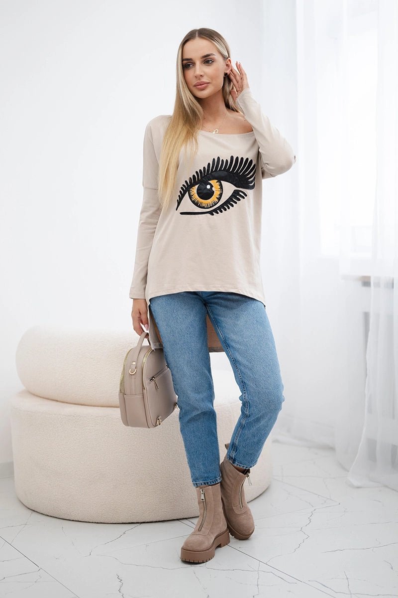 Blouse with print and longer back 9315 / – Beige цвет / color | Lexline Fashion