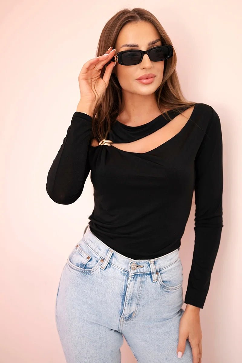 Bodysuit with ruffles and decorative buckle ART10010 / – Black цвет / color | Lexline Fashion