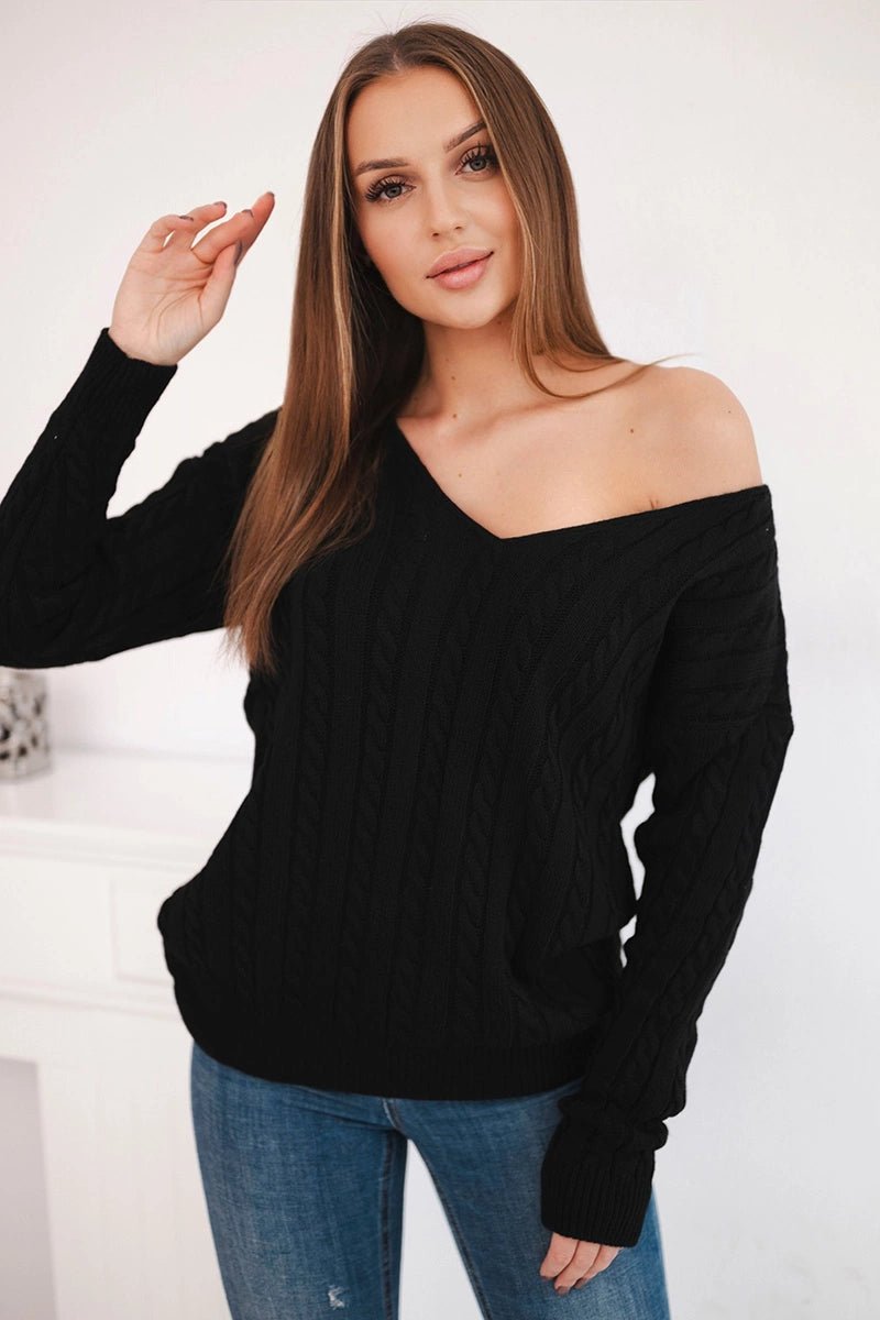 Braided sweater with V - neck 2019 - 33 / – Black цвет / color | Lexline Fashion