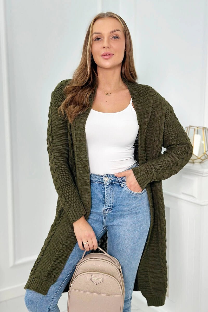 Cardigan with cable knit 2019 - 1 / – Khaki цвет / color | Lexline Fashion