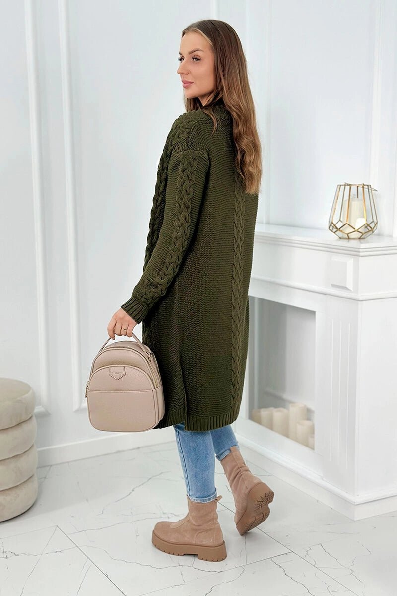 Cardigan with cable knit 2019 - 1 / – Khaki цвет / color | Lexline Fashion