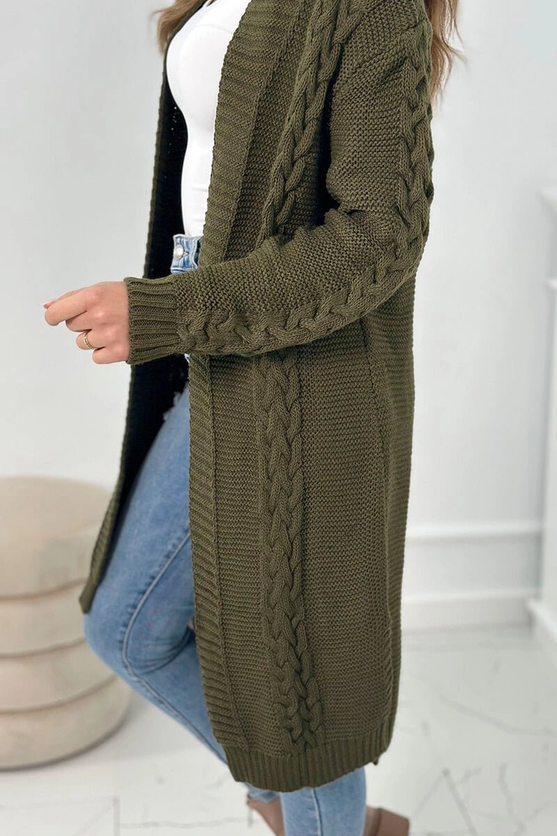 Cardigan with cable knit 2019 - 1 / – Khaki цвет / color | Lexline Fashion