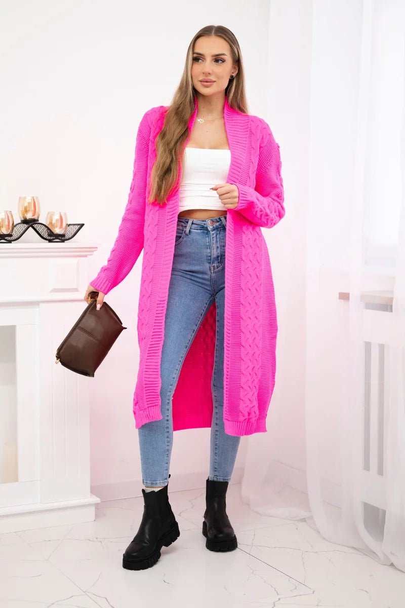 Cardigan with cable knit 2019 - 1 / – Neon pink цвет / color | Lexline Fashion