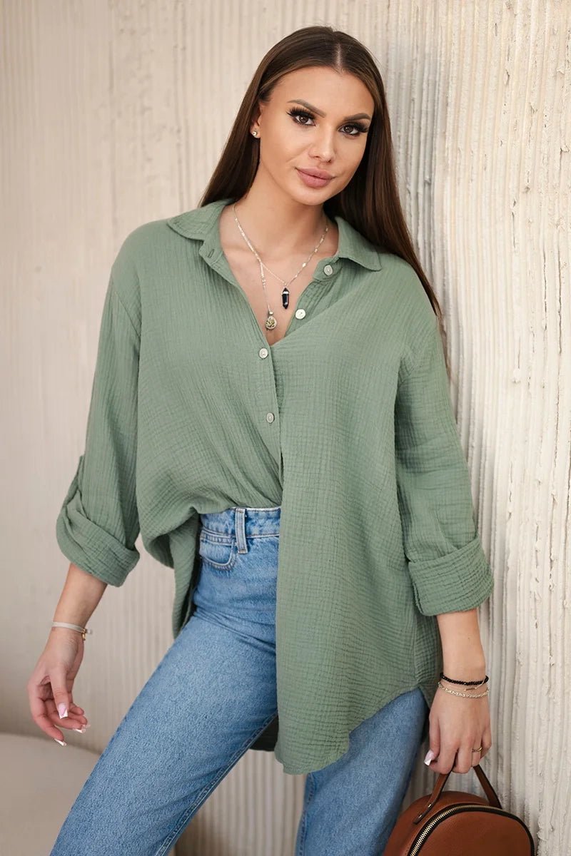 Cotton muslin shirt oversize ART208 / – Khaki цвет / color | Lexline Fashion
