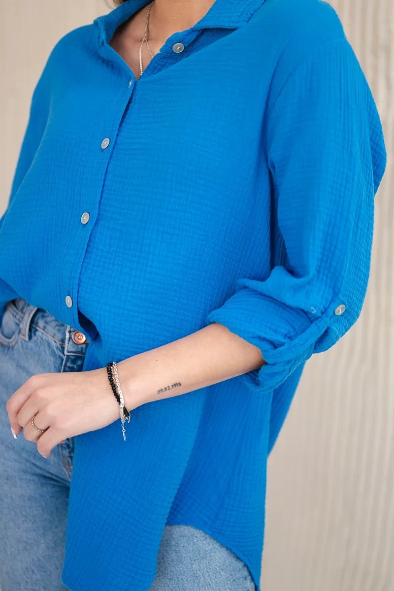 Cotton muslin shirt oversize ART208 / – Turquoise цвет / color | Lexline Fashion