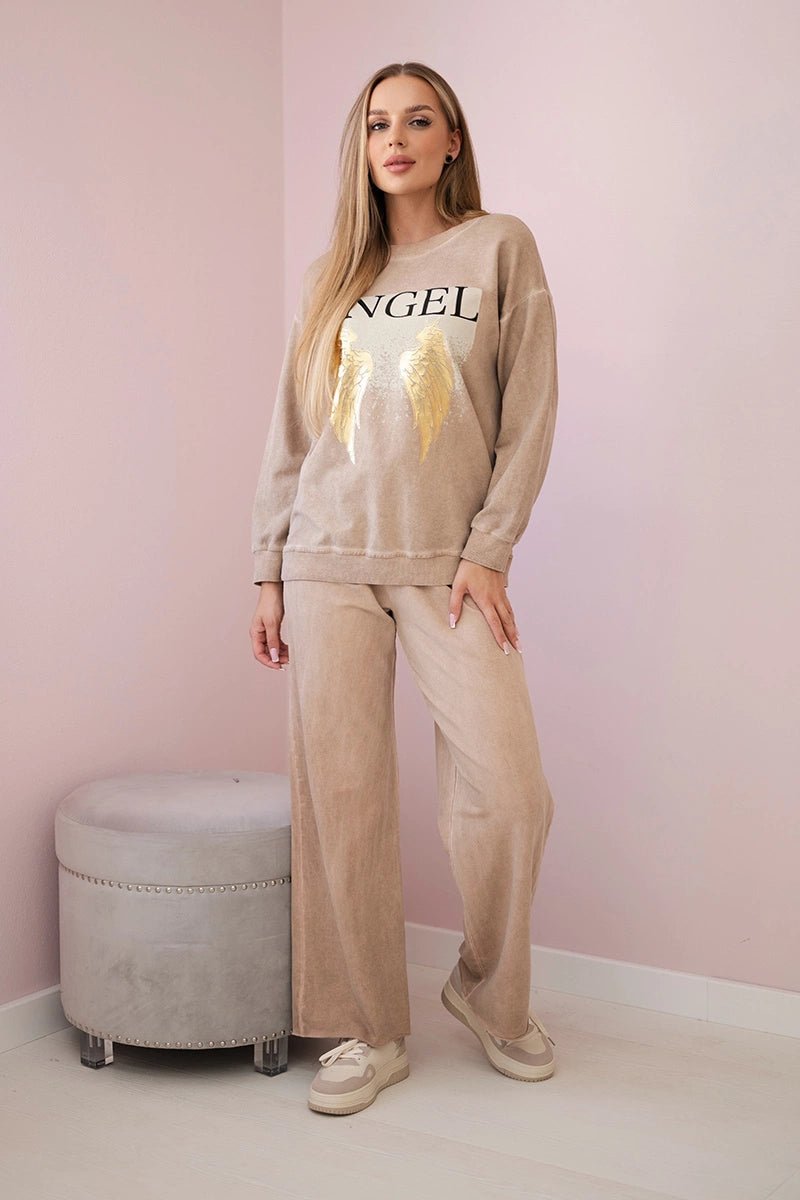 Cotton set Angel sweatshirt + pants ART90041 - 1 / – Camel цвет / color | Lexline Fashion