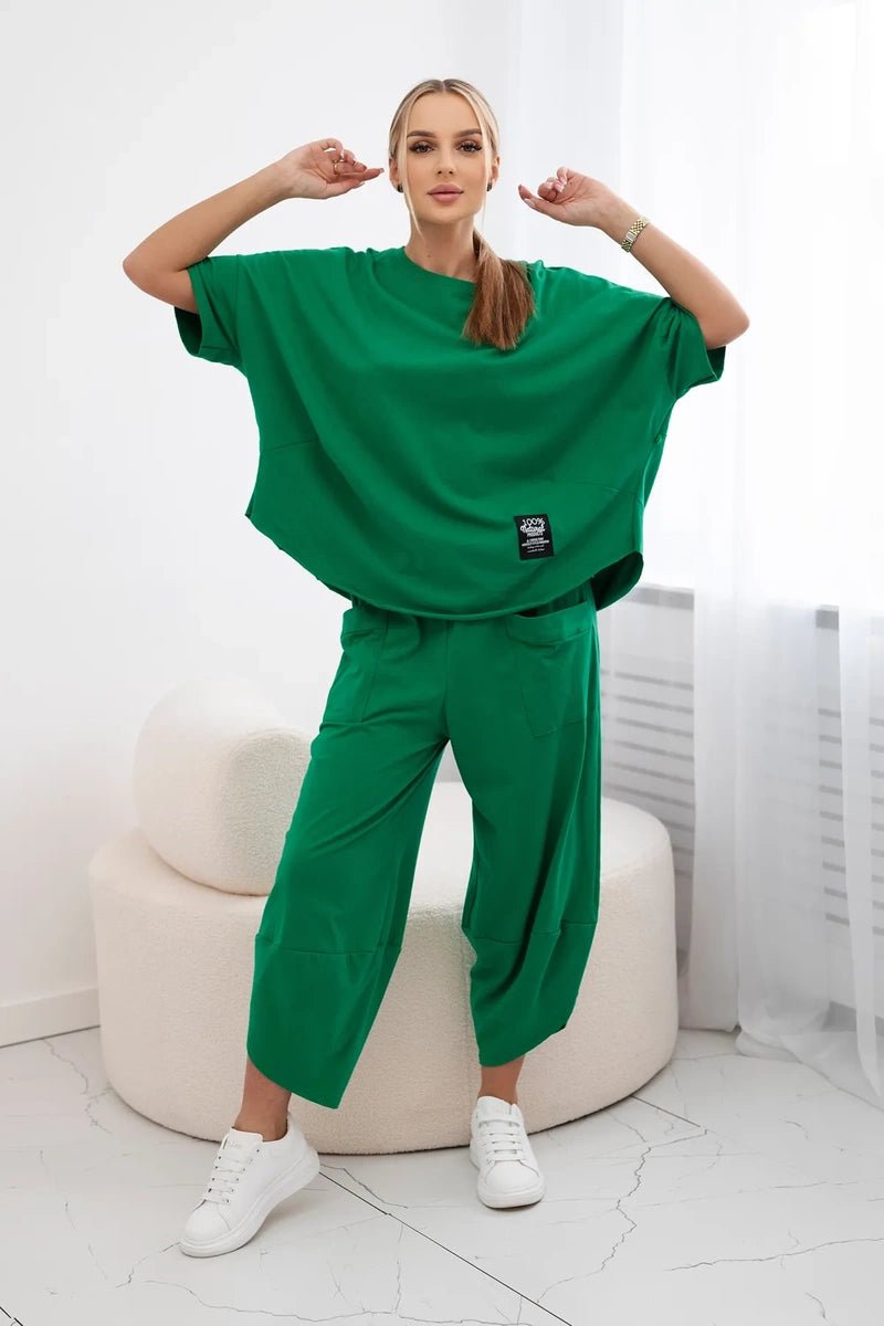 Cotton set blouse + trousers 6727 / – Green цвет / color | Lexline Fashion