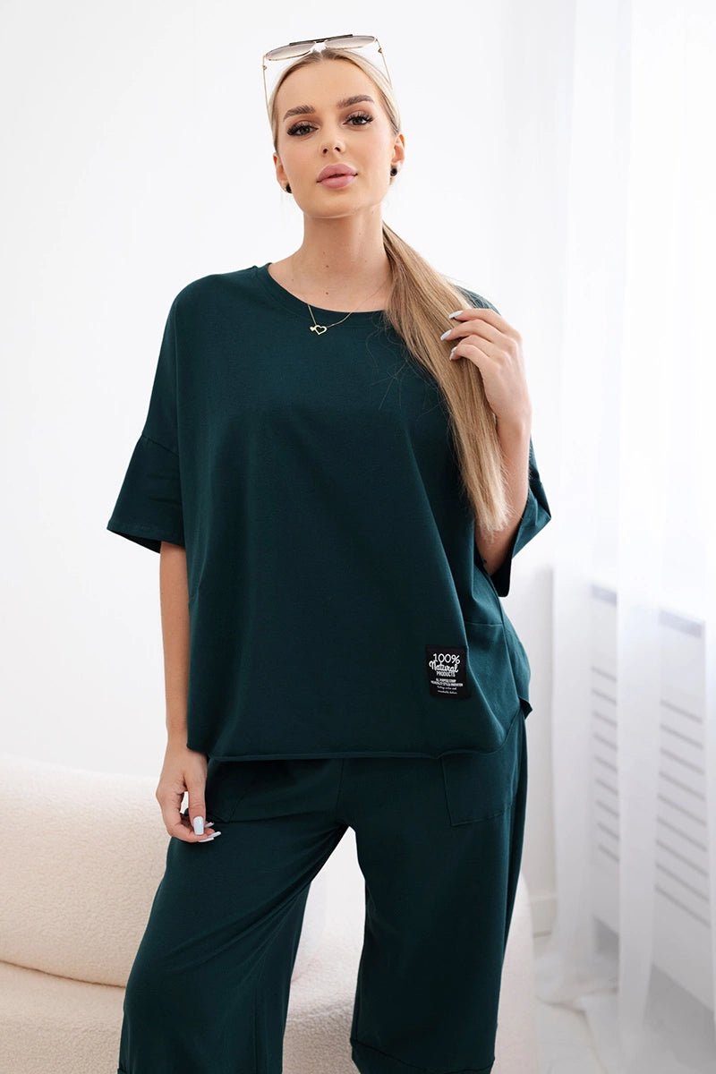 Cotton set blouse + trousers 6727 / – Green || Dark цвет / color | Lexline Fashion